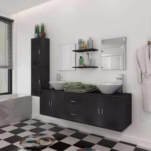 11-dijelni set kupaonskog namještaja s umivaonikom i slavinom crni